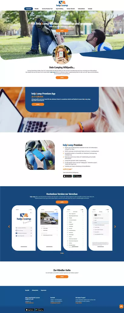 Die Webseite zeigt die help2camp App, eine Camping-App.