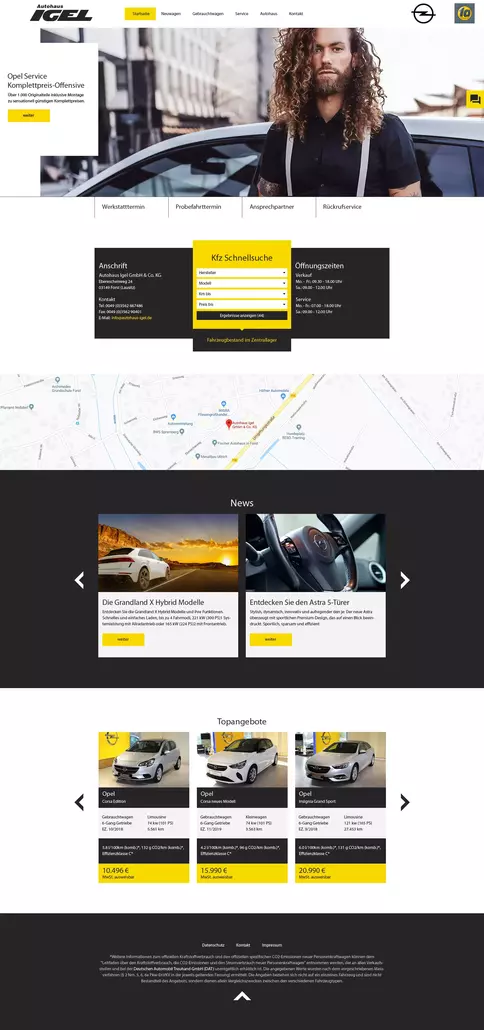 Das bild zeigt eine Opel Webseite mit verschiedenen Fahrzeugbildern und Informationen.