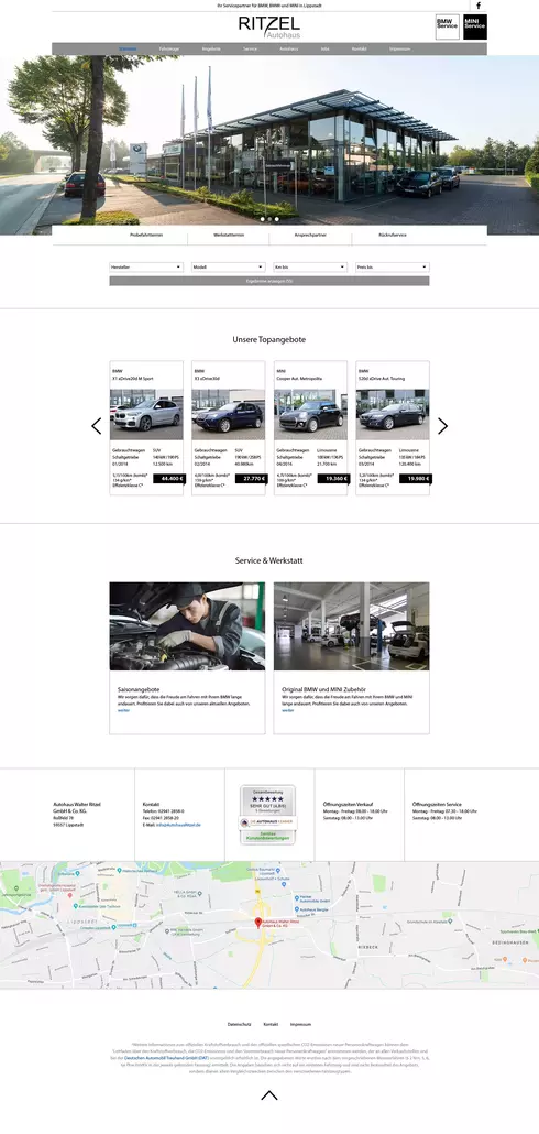 Das Bild zeigt eine BMW Autohaus Webseite mit Bildern von Autos und einer Werkstatt.